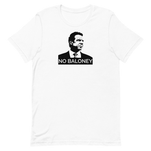 Load image into Gallery viewer, A white unisex t-shirt on a flat surface, featuring the Cuomo Sapiens NO BALONEY graphic in black.