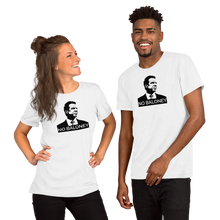 Load image into Gallery viewer, A woman and a man wearing white unisex t-shirt, featuring the Cuomo Sapiens NO BALONEY graphic in black.