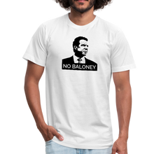 Load image into Gallery viewer, Man wearing a white unisex t-shirt, featuring the Cuomo Sapiens NO BALONEY graphic in black.