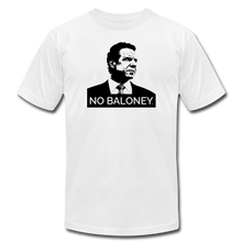 Load image into Gallery viewer, A white unisex t-shirt on a transparent body form, featuring the Cuomo Sapiens NO BALONEY graphic in black.