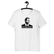 Load image into Gallery viewer, A white unisex t-shirt on a hangar, featuring the Cuomo Sapiens NO BALONEY graphic in black.