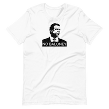 Load image into Gallery viewer, A white unisex t-shirt lying wrinkled on a flat surface, featuring the Cuomo Sapiens NO BALONEY graphic in black.
