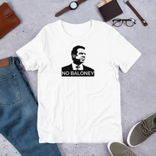 Load image into Gallery viewer, A white unisex t-shirt on the floor, featuring the Cuomo Sapiens NO BALONEY graphic in black.