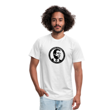 Load image into Gallery viewer, Man wearing a white unisex t-shirt, featuring the Cuomo Sapiens S.U.D.L.T. SEAL graphic in black.