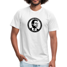Load image into Gallery viewer, Man wearing a white unisex t-shirt, featuring the Cuomo Sapiens S.U.D.L.T. SEAL graphic in black.