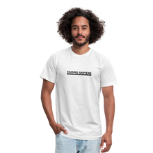 Load image into Gallery viewer, Man wearing a white unisex t-shirt, featuring the Cuomo Sapiens S.U.D.L.T. graphic in black.