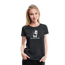 Load image into Gallery viewer, Woman wearing a premium slim-fit t-shirt, in black, featuring the Cuomo Sapiens NO BALONEY graphic in white.