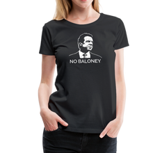 Load image into Gallery viewer, Woman wearing a premium slim-fit t-shirt, in black, featuring the Cuomo Sapiens NO BALONEY graphic in white.