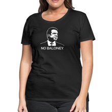 Load image into Gallery viewer, A curvy woman wearing a premium slim-fit t-shirt, in black, featuring the Cuomo Sapiens NO BALONEY graphic in white.