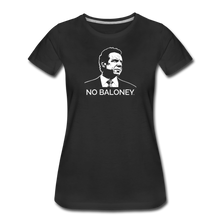Load image into Gallery viewer, A premium women’s slim-fit t-shirt, in black, on a transparent body form, featuring the Cuomo Sapiens NO BALONEY graphic in white.