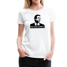 Load image into Gallery viewer, Woman wearing a premium slim-fit t-shirt, in white, featuring the Cuomo Sapiens NO BALONEY graphic in black.
