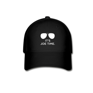 Handsome, FlexFit baseball cap in black, featuring a white graphic of Biden-esque aviator sunglasses and white type that reads 'It's Joe Time.'