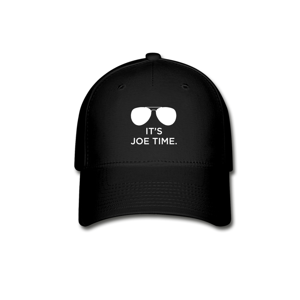Handsome, FlexFit baseball cap in black, featuring a white graphic of Biden-esque aviator sunglasses and white type that reads 'It's Joe Time.'