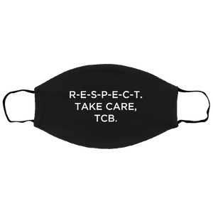 Cuomo Sapiens 2-ply protective face mask, in black, featuring white type that reads 'R-E-S-P-E-C-T. Take care, TCB.'