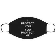 Load image into Gallery viewer, Cuomo Sapiens 2-ply protective face mask, in black, featuring white type that reads &#39;I protect you. You protect me.&#39;
