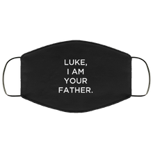 Load image into Gallery viewer, Cuomo Sapiens 2-ply protective face mask, in black, featuring white type that reads &#39;Luke, I am your father.&#39;
