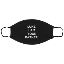 Load image into Gallery viewer, Cuomo Sapiens 2-ply protective face mask, in black, featuring white type that reads &#39;Luke, I am your father.&#39;
