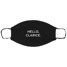 Load image into Gallery viewer, Cuomo Sapiens 3-ply protective face mask, in black, featuring white type that reads &#39;Hello, Clarice.&#39;
