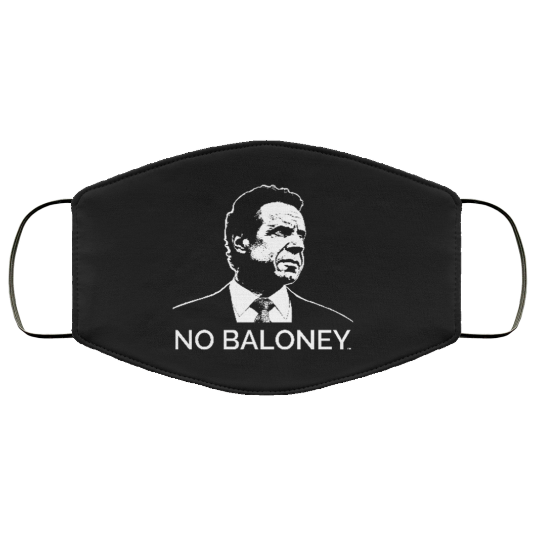 Cuomo Sapiens 2-ply protective face mask, in black, featuring the Cuomo Sapiens NO BALONEY graphic in white.