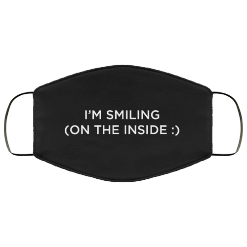 Cuomo Sapiens 2-ply protective face mask, in black, featuring white type that reads 'I'm smiling on the inside.'