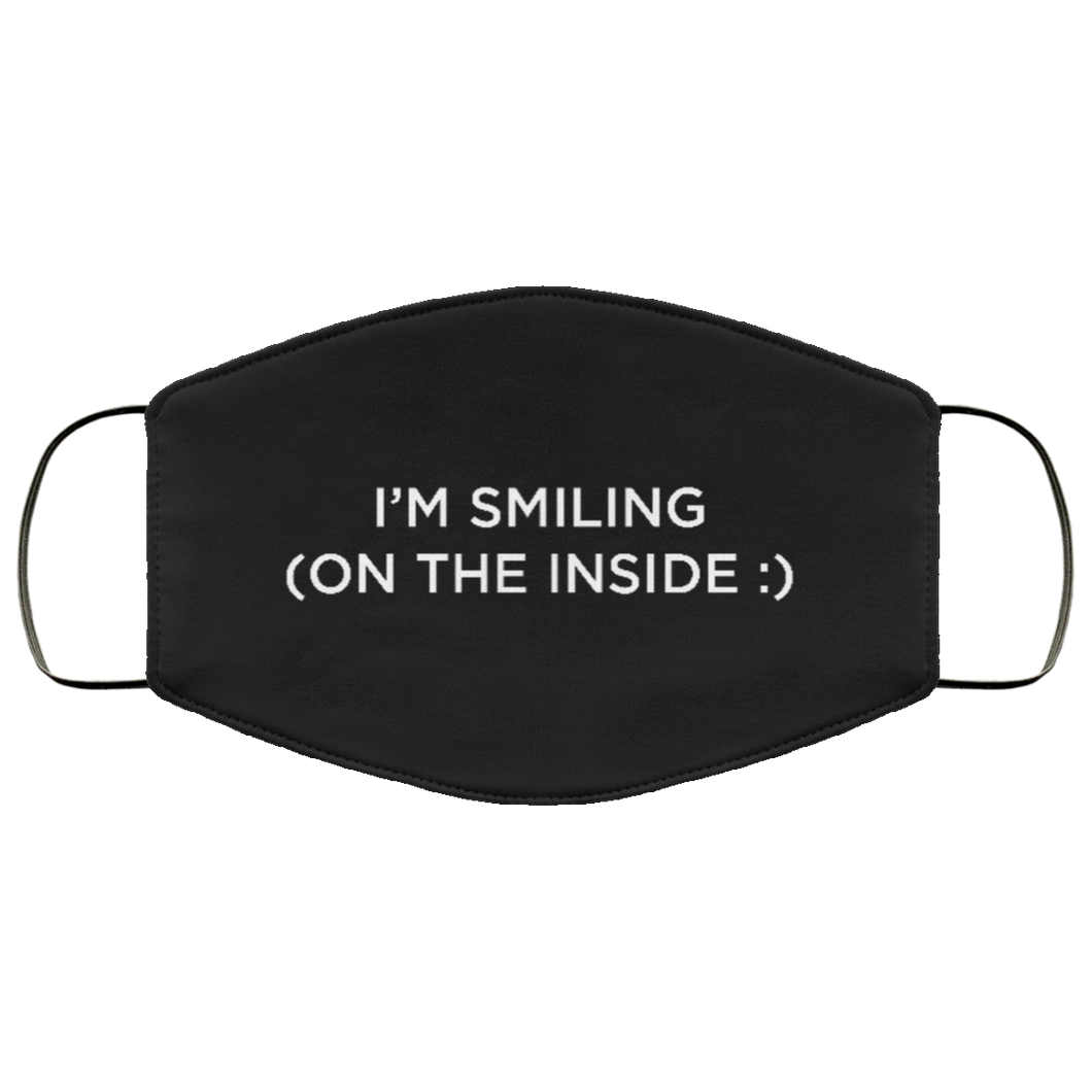Cuomo Sapiens 2-ply protective face mask, in black, featuring white type that reads 'I'm smiling on the inside.'