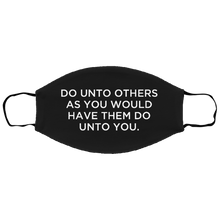 Load image into Gallery viewer, Cuomo Sapiens 3-ply protective face mask, in black, featuring white type that reads &#39;Do Unto Others As You Would Have Them Do Unto You.&#39;
