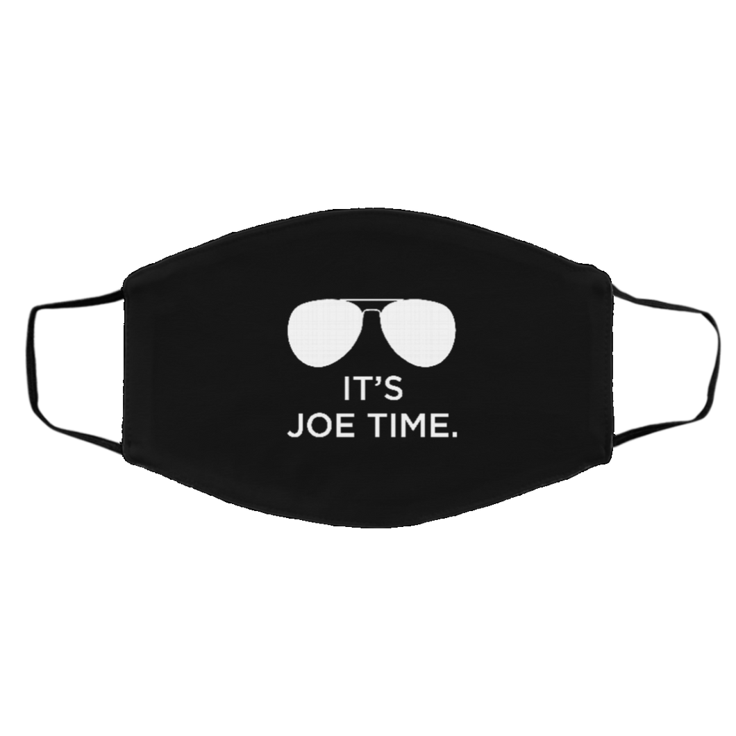 Cuomo Sapiens 2-ply protective face mask, in black, featuring a white graphic of Biden-esque aviator sunglasses and white type that reads 'It's Joe Time.'