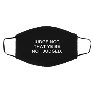 Cuomo Sapiens 2-ply protective face mask, in black, featuring white type that reads 'Judge Not, That Ye Be Not Judged.'