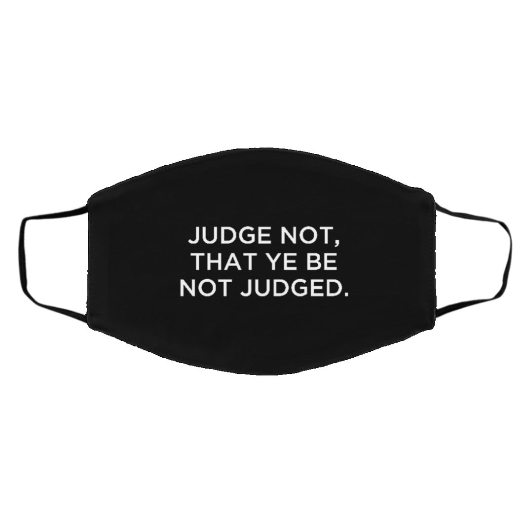 Cuomo Sapiens 2-ply protective face mask, in black, featuring white type that reads 'Judge Not, That Ye Be Not Judged.'