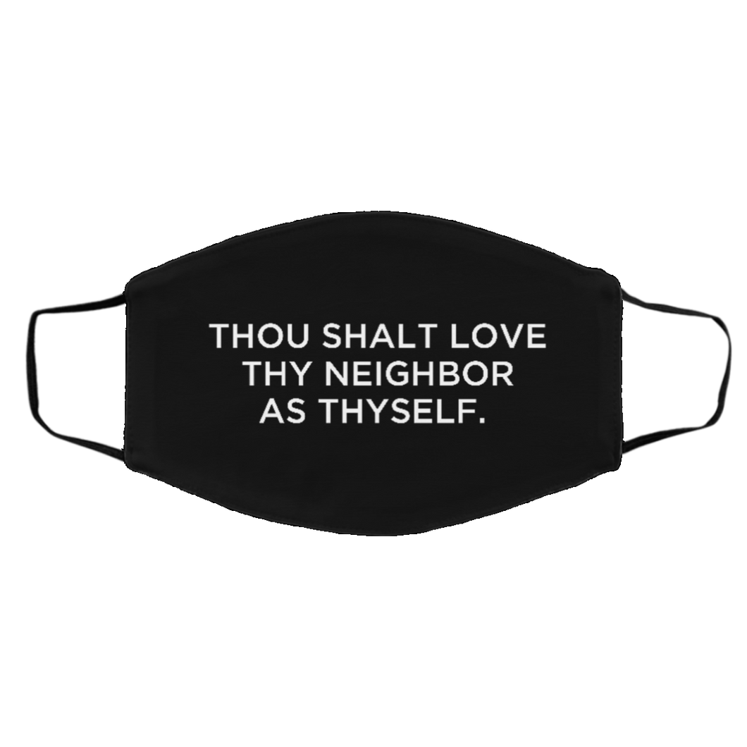 Cuomo Sapiens 2-ply protective face mask, in black, featuring white type that reads 'Thou Shalt Love Thy Neighbor As Thyself.'
