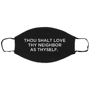 Cuomo Sapiens 2-ply protective face mask, in black, featuring white type that reads 'Thou Shalt Love Thy Neighbor As Thyself.'