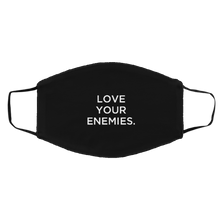 Load image into Gallery viewer, Cuomo Sapiens 2-ply protective face mask, in black, featuring white type that reads &#39;Love Your Enemies.&#39;
