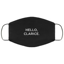 Load image into Gallery viewer, Cuomo Sapiens 3-ply protective face mask, in black, featuring white type that reads &#39;Hello, Clarice.&#39;
