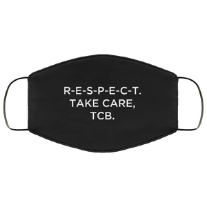 Cuomo Sapiens 3-ply protective face mask, in black, featuring white type that reads 'R-E-S-P-E-C-T. Take care, TCB.'