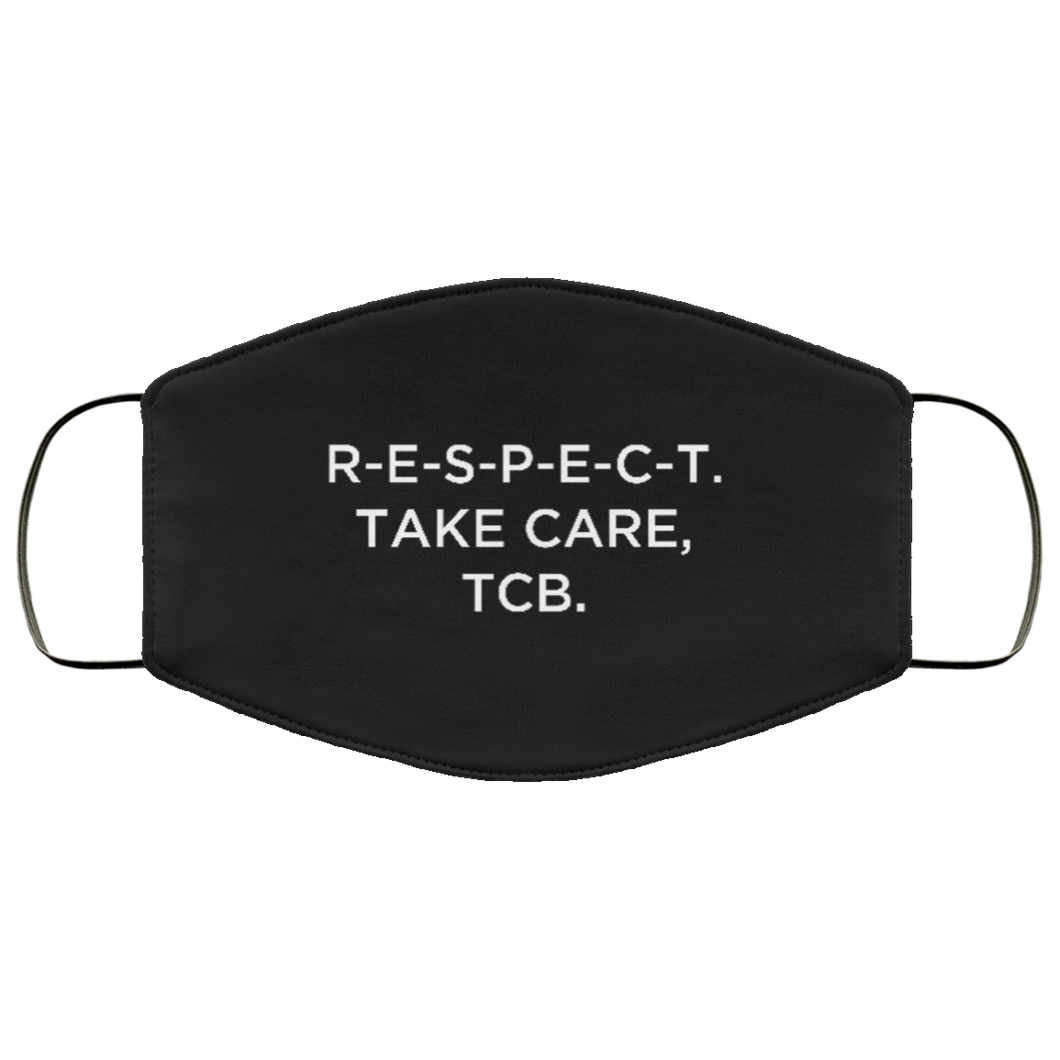 Cuomo Sapiens 3-ply protective face mask, in black, featuring white type that reads 'R-E-S-P-E-C-T. Take care, TCB.'