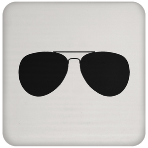 Cuomo Sapiens high-gloss, cork-backed beverage coaster, in white, featuring a graphic of Biden-esque aviator sunglasses in black.