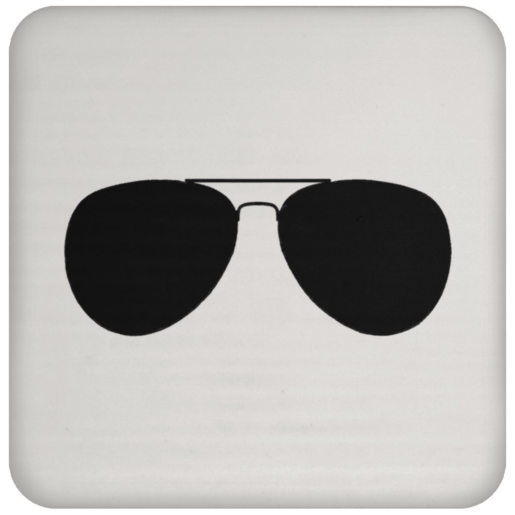 Cuomo Sapiens high-gloss, cork-backed beverage coaster, in white, featuring a graphic of Biden-esque aviator sunglasses in black.