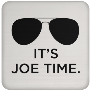 Cuomo Sapiens high-gloss, cork-backed beverage coaster, Cuomo Sapiens high-gloss, cork-backed beverage coaster, in white, featuring a black graphic of Biden-esque aviator sunglasses and black type that reads 'It's Joe Time.'