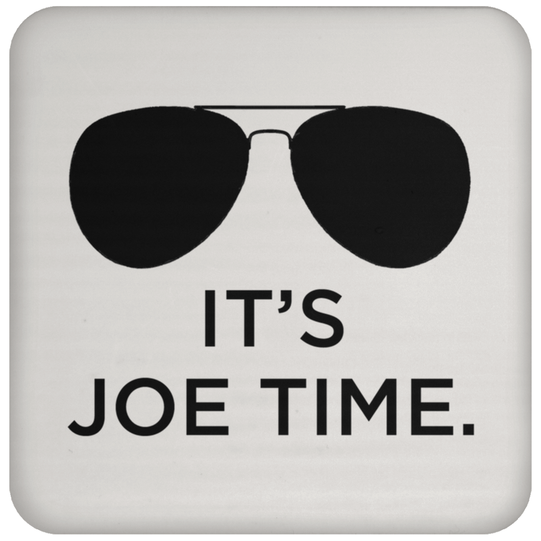 Cuomo Sapiens high-gloss, cork-backed beverage coaster, Cuomo Sapiens high-gloss, cork-backed beverage coaster, in white, featuring a black graphic of Biden-esque aviator sunglasses and black type that reads 'It's Joe Time.'