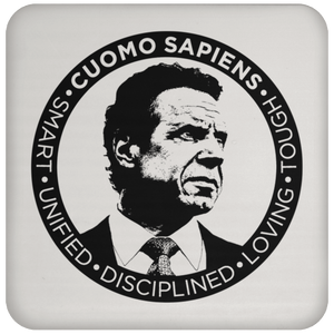 Cuomo Sapiens high-gloss, cork-backed beverage coaster, in white, featuring the Cuomo Sapiens S.U.D.L.T (Smart, Unified, Disciplined, Loving, Tough) SEAL graphic in black.