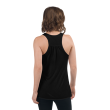Load image into Gallery viewer, Back-view of a woman wearing a black flowy racerback style Cuomo Sapiens tank top.
