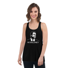 Load image into Gallery viewer, Woman wearing a black flowy racerback style tank top, featuring the Cuomo Sapiens NO BALONEY graphic in white.
