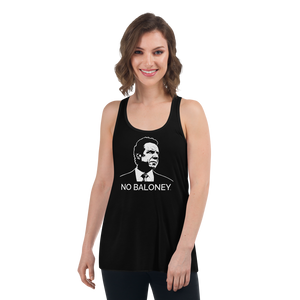 Woman wearing a black flowy racerback style tank top, featuring the Cuomo Sapiens NO BALONEY graphic in white.