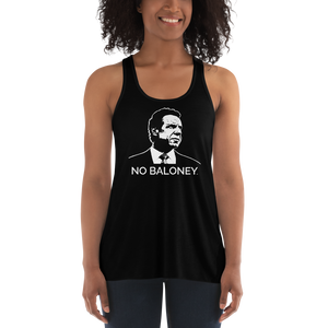 Woman wearing a black flowy racerback style tank top, featuring the Cuomo Sapiens NO BALONEY graphic in white.