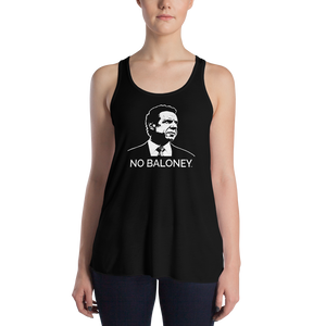 Woman wearing a black flowy racerback style tank top, featuring the Cuomo Sapiens NO BALONEY graphic in white.