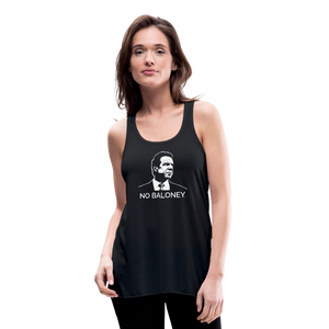 Woman wearing a black flowy racerback style tank top, featuring the Cuomo Sapiens NO BALONEY graphic in white.