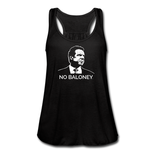 A women’s flowy, racerback style tank top, in black, on a transparent body form, featuring the Cuomo Sapiens NO BALONEY graphic in white.