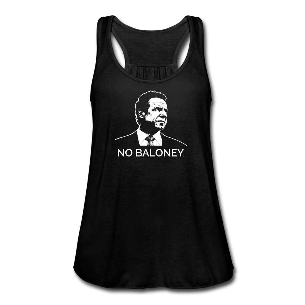 A women’s flowy, racerback style tank top, in black, on a transparent body form, featuring the Cuomo Sapiens NO BALONEY graphic in white.