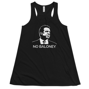 A women's flowy, racerback style tank top, in black, lying wrinkled on a flat surface, featuring the Cuomo Sapiens NO BALONEY graphic in white.