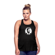 Load image into Gallery viewer, A curvy woman wearing a black flowy racerback style tank top, featuring the Cuomo Sapiens S.U.D.L.T. SEAL graphic in white.
